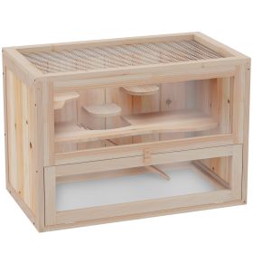2-Tier Hamster Habitat Openable Top Front Door Shelf Ladder Stable Fir Wood Frame Nature Wood (Option: Yellow)