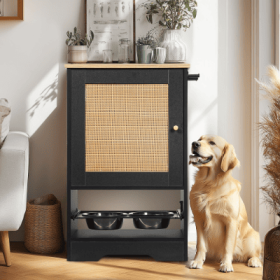 Feeding Station With 1 Storage Cabinets, Pet Feeding Station With 2 Elevated Dog Bowls, Side Hooks, Anti-tip Kit, Hidden Pet Feeder Station For F (Option: Black)