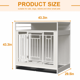 43.3 Inch Large Dog Kennel Furniture, Wooden Kennel With Divider (Option: White)